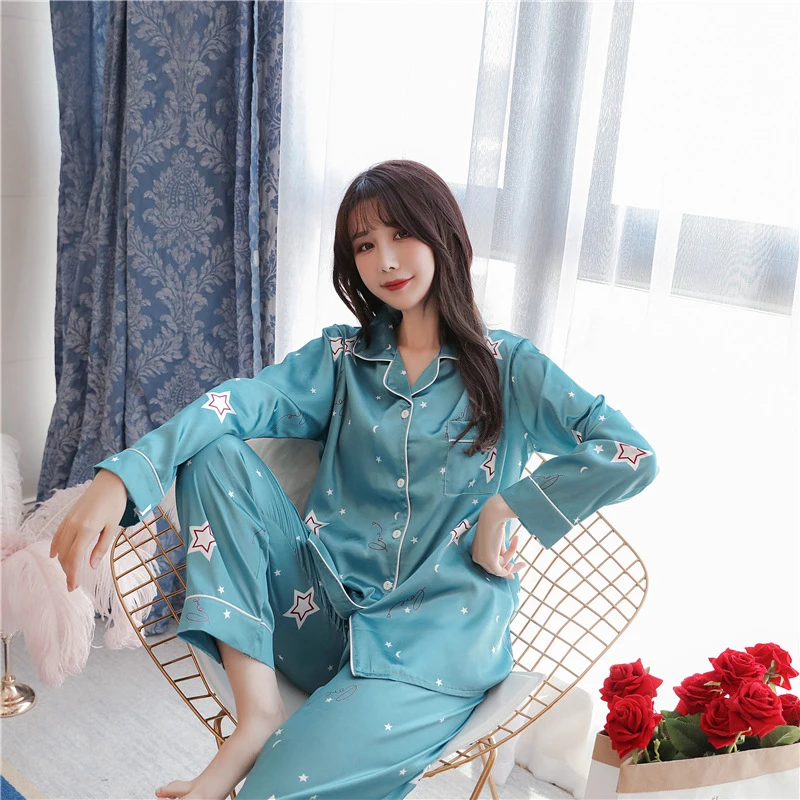 

JULY'S SONG Spring Autumn Long Sleeve Sleepwear Female Elegant Lapel Collar Cute Printed Women's Pajamas Sets Faux Silk Homewear