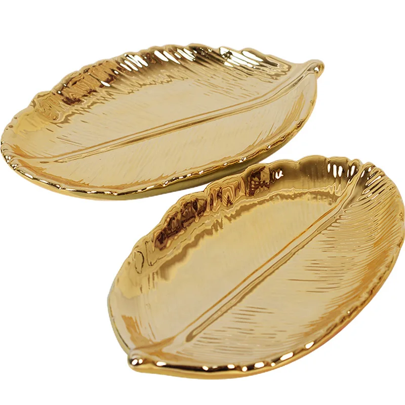 

Nordic Golden Leaves Handmade Ceramic Jewelry Storage Tray Home Desktop Ornaments Decorative Desk Accessories Home Decoration, As photo