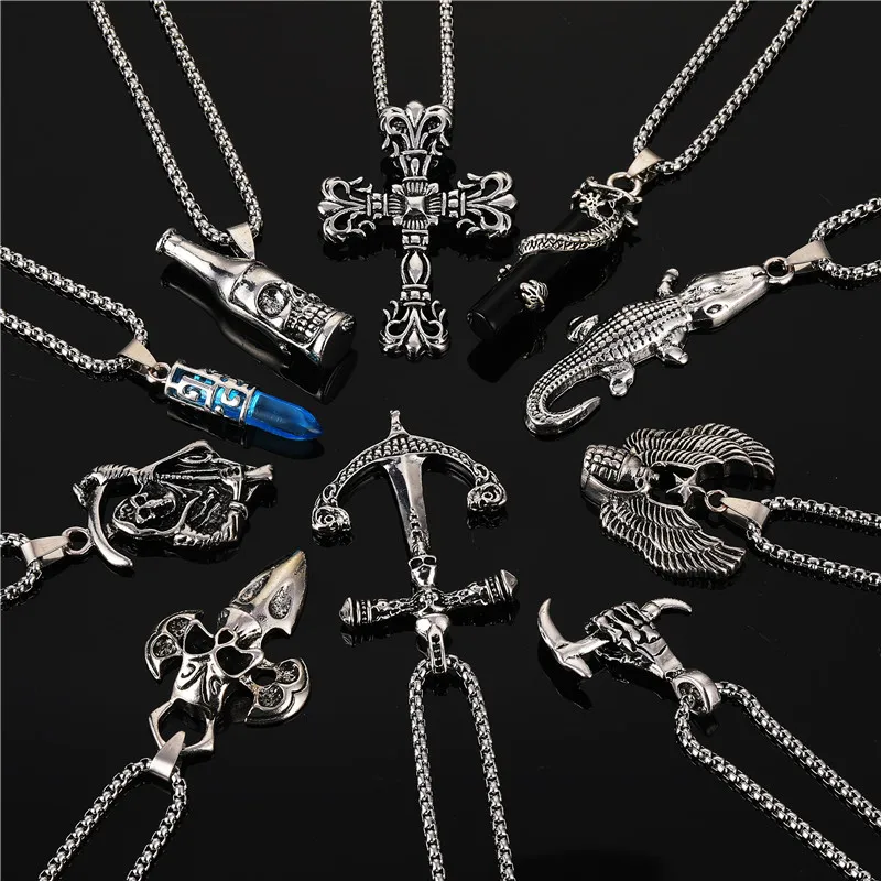 

Titanium Steel Death Anchor crocodile Necklaces Skeleton Cross Snake Chain Necklaces Men Street Punk Gothic vintage jewelry