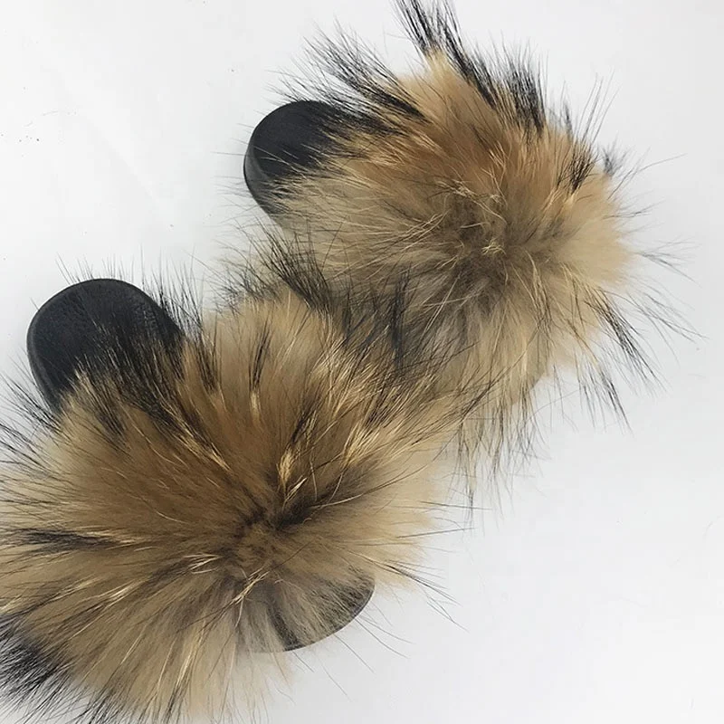 

Children Fluffy Slippers Real Fox Fur Flip Flops Slipper For Kids Summer Home, Multi color