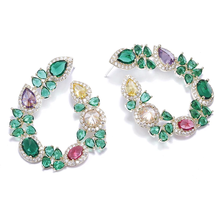 

Wholesale Fashion Colorful Hoop Earrings 18k Real Gold Plated Cubic Zircon Stud Earrings for Women, Picture