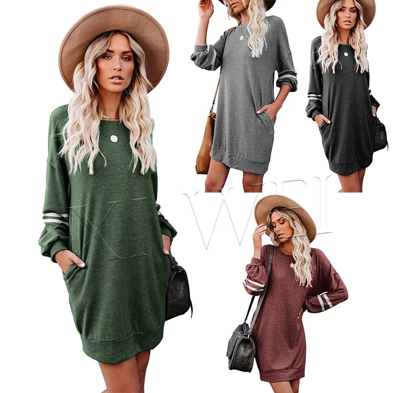 

woman t-shirt long sleeve patchwork summer plain color pocket decoration lady tops custom fashion dress