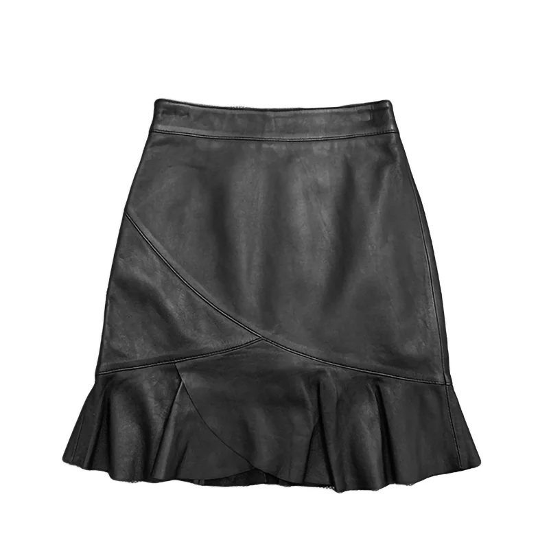 

Fashion High Waist Wrinkle Waterproof Genuine Sheepskin Leather Mini Skirt For Women