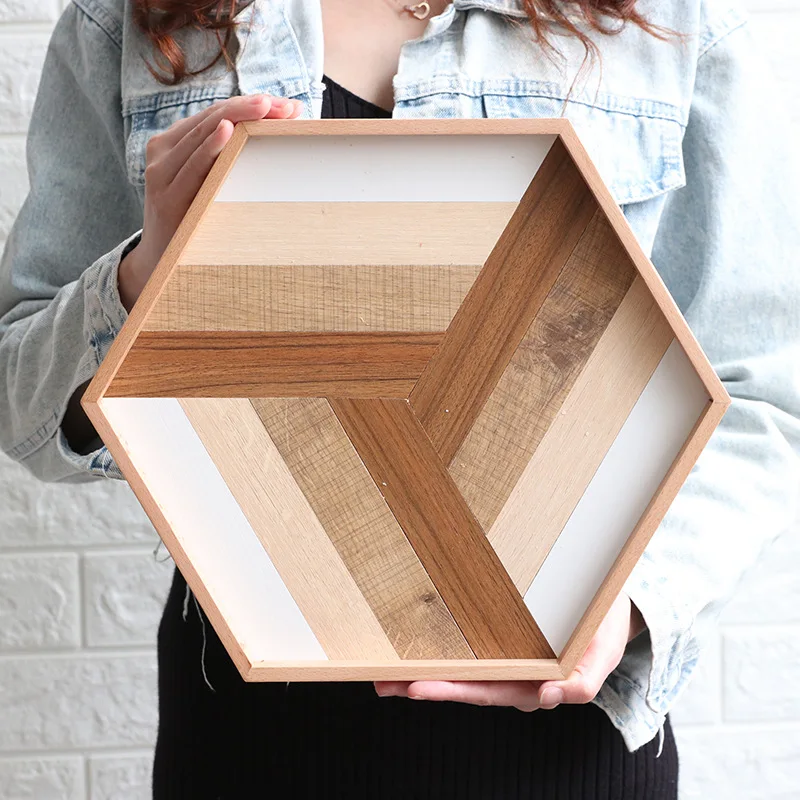 

Simple Geometric Tray Baking Shooting Props Storage Tray Nordic Style Hexagonal Wooden Geometric Plate Wholesale and Retail Wood, Natural wood color