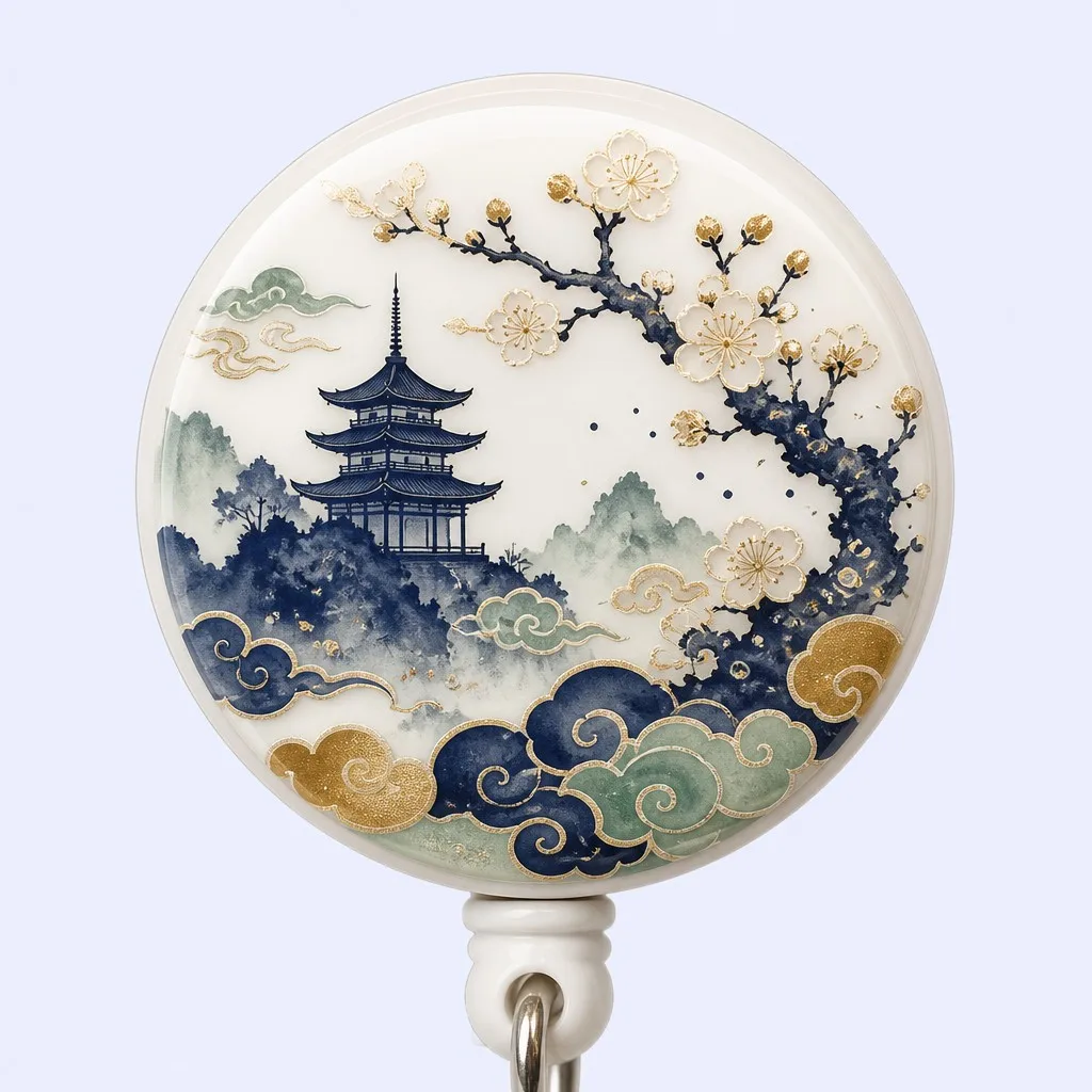 Close-up of the pagoda and cloud artwork on the badge reel