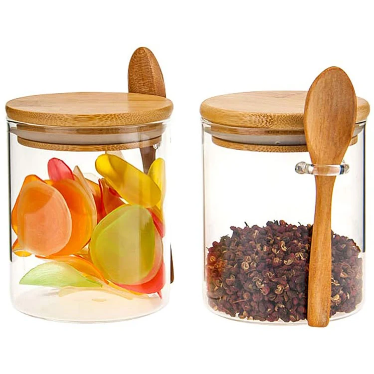 

Wholesale Custom Size Logo 8 10 12 16 oz Kitchen Pepper Salt Spice Borosilicate Glass Storage Jars with Bamboo Spoon, Transparent