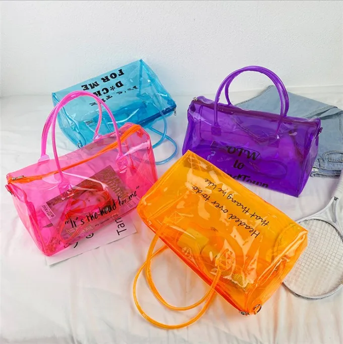 

OEM cheap clear overnight tote bag gym custom fashion sneaky link bags overnight PVC transparent jelly spend one night bag, As picture