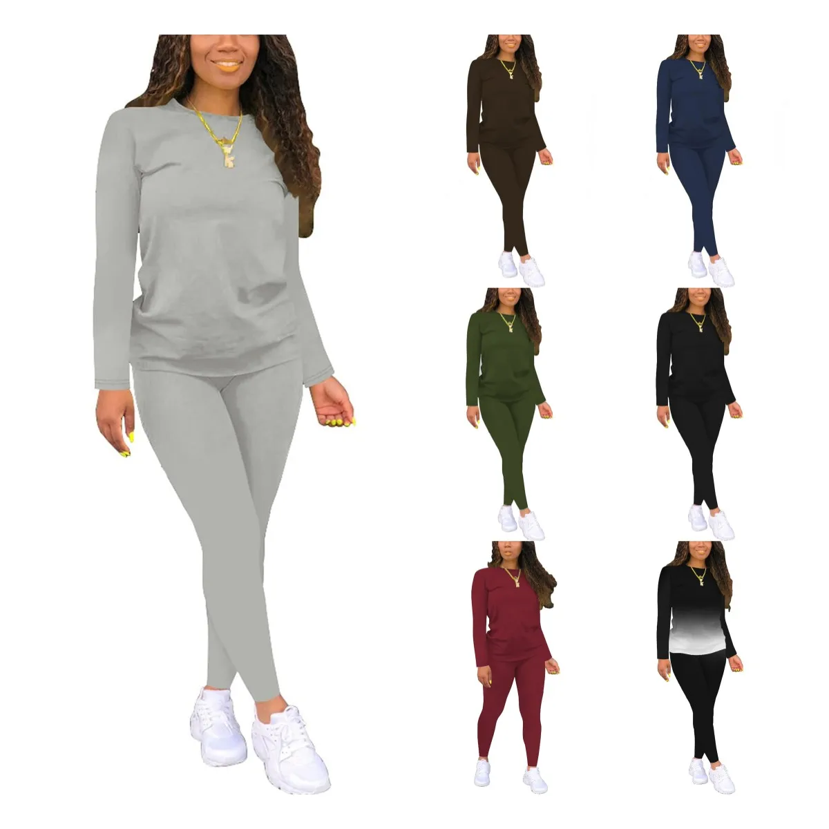 Spring Fall Women Clothing Blank 2 Pieces Women Set Custom LOGO Solid Long Sleeve T-shirts and Pants Sets for Women