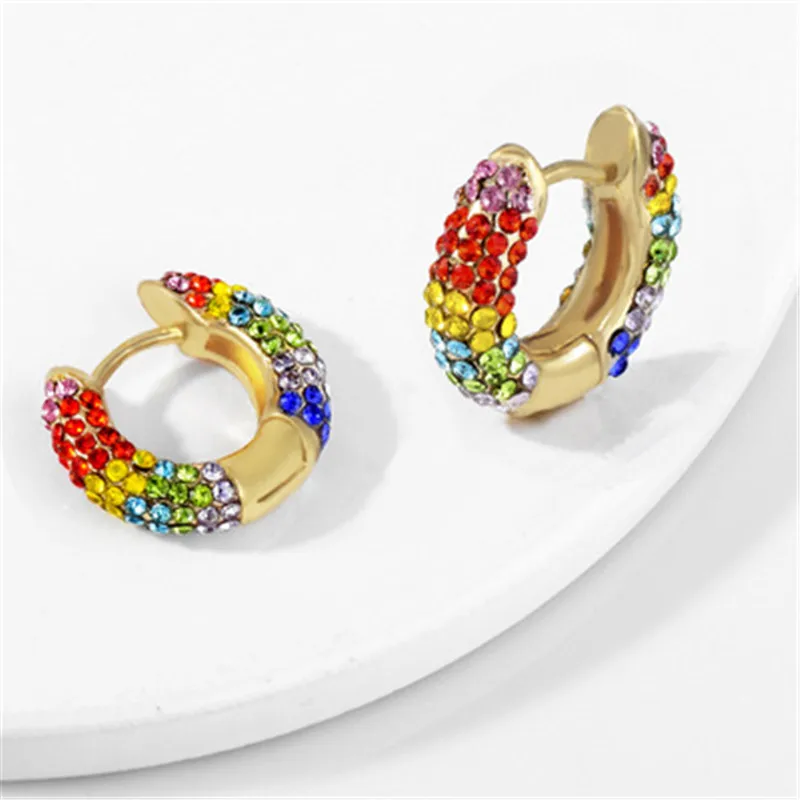 

ER-278 INS Style Jewelry Brass Hoop Rainbow Earrings Czech Diamond Crystal Paved Small Gold Plated Earrings, Multicolor as picture