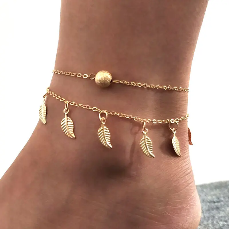 

fashion ethnic style leaf pendant 2 layer chain gold silver anklet jewelry for women