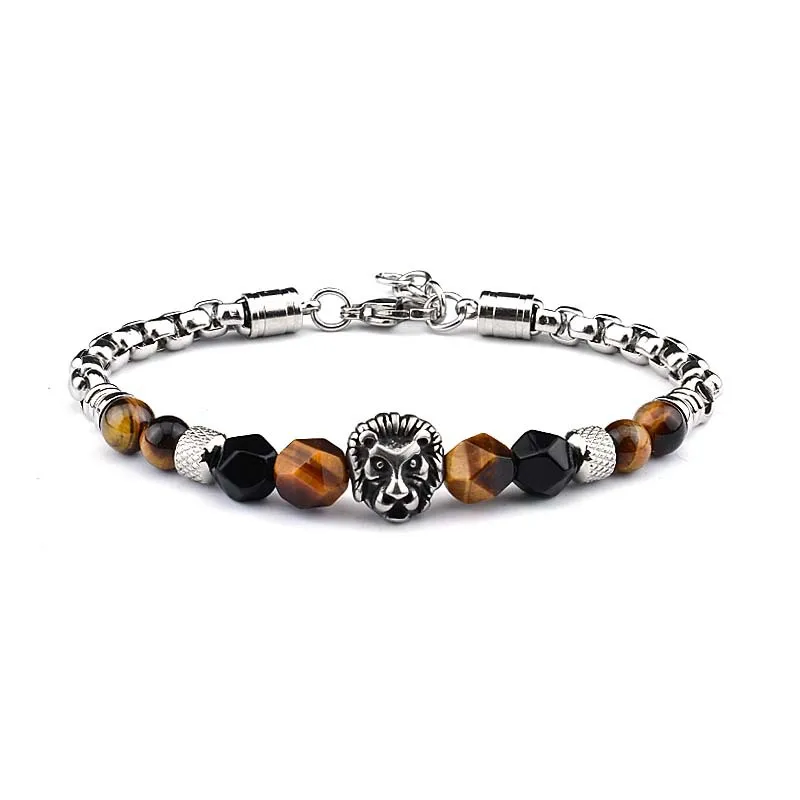 

Men's Jewelry Lion Head Stainless Steel Link Chain Gemstone Bead Necklace Unique Natural Stone Beaded Lion Head Bracelet