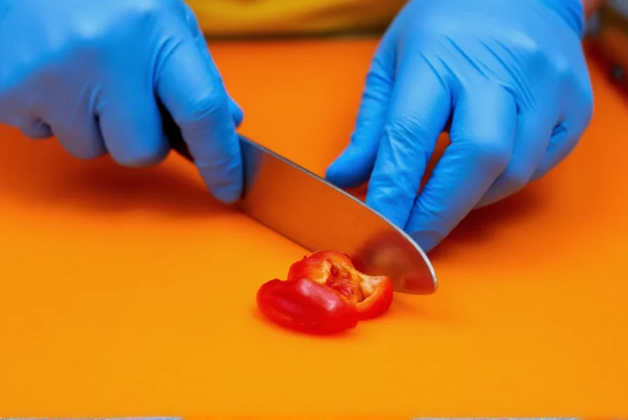 Close-up of hands wearing nitrile gloves carefully dicing small red habanero pepper on orange cutting board