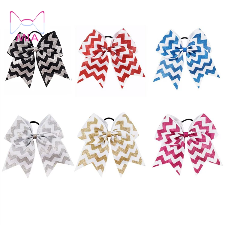 

Free Shipping 7" Glitter Printed Ribbon Chevron Cheer Bow With Elastic For Kids Girls Teens Striped Hairband Hair Accessories, Picture shows