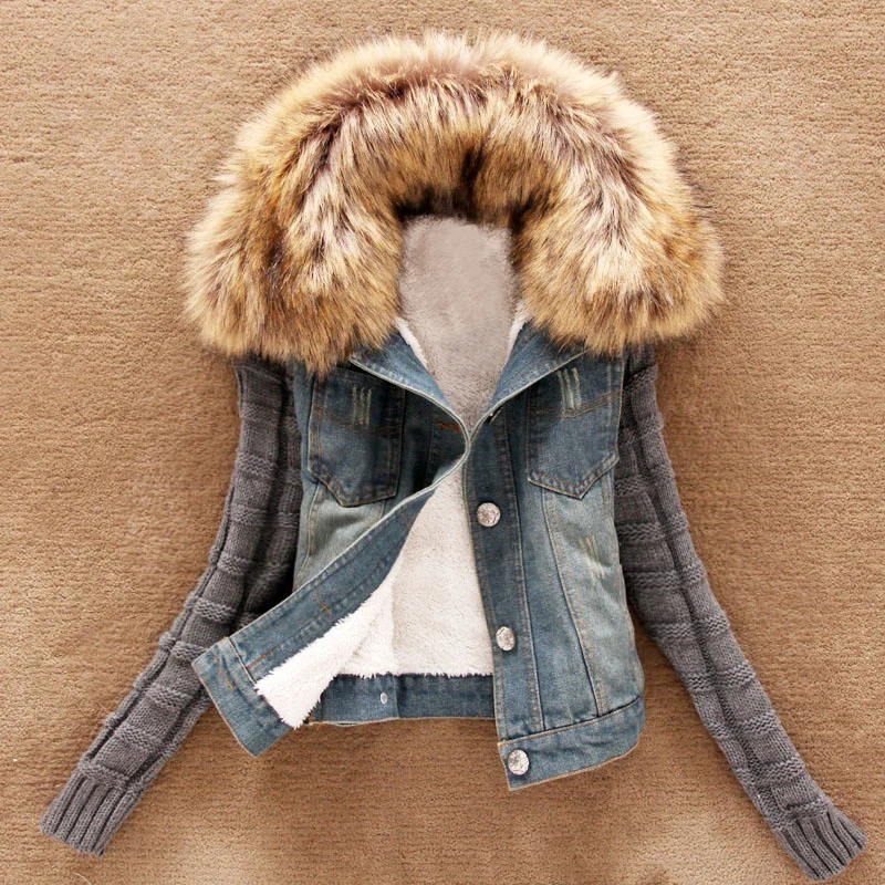 

Winter Denim Jacket PLUS SIZE Women Lambswool Cowboy Coats With Fur Collar Long Sleeves Warm Coat Outwear