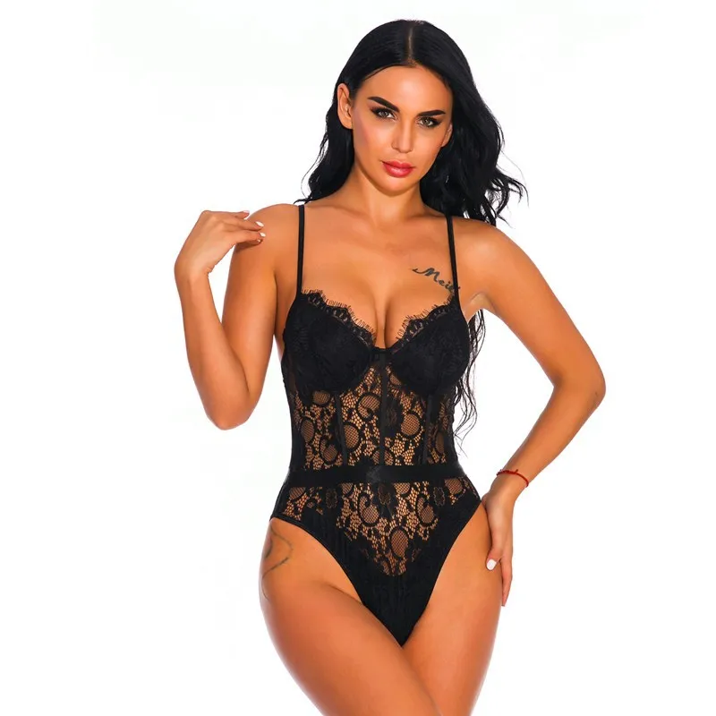 

Ins new hot selling amazon sexy lingerie stitching sexy lace perspective wrapped chest strap one-piece suit for women