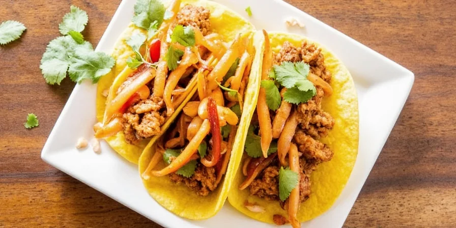 Smoky paprika jackfruit taco topped with lime crema and pickled jalapeños