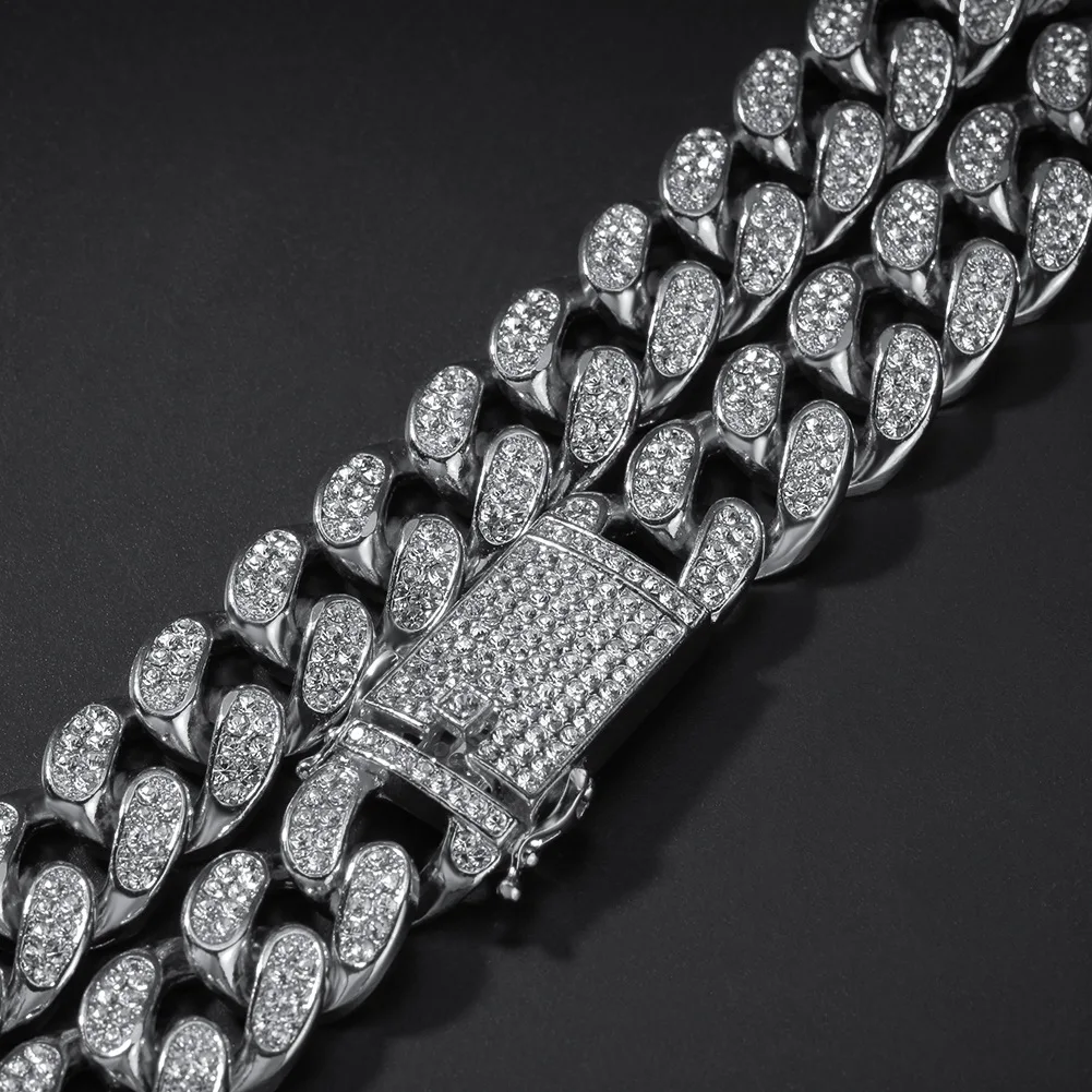 

20mm Bling Hip Hop Gold Silver Miami Cuban Link Diamond Chain stainless steel necklace chain