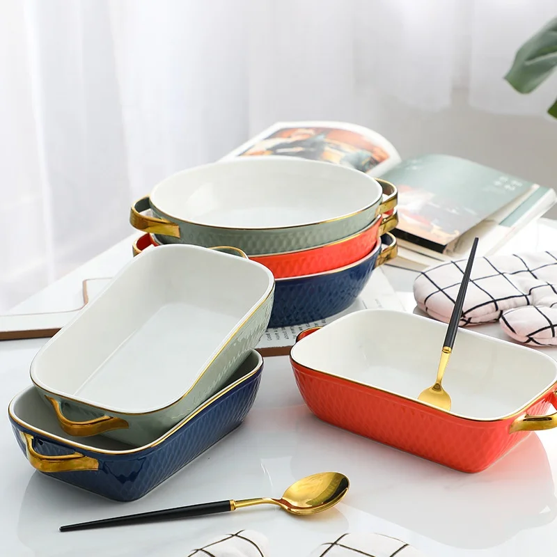 

Nordic creative ceramic baking plate deep cheese baked rice plate double ear baking bowl, Equator jungle series tableware set