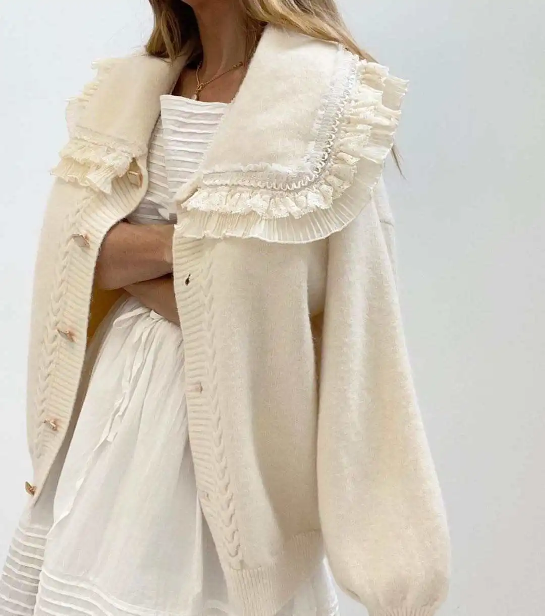 

New design women ruffle knitted cardigan lantern sleeve sweater cardigan, White, gray, green