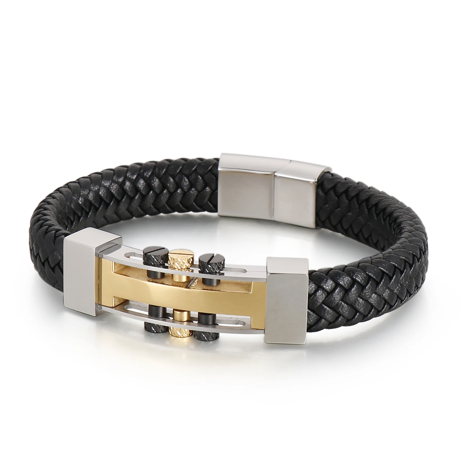 

KALEN Wholesale punk stainless steel bracelets men black cowhide leather bracelet jewelry