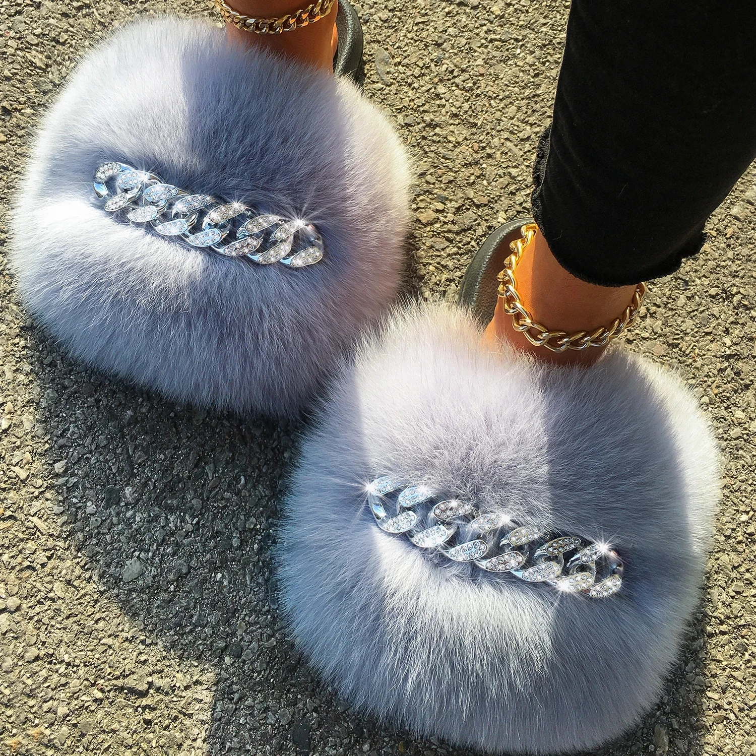 

Big Fur Furry Fur Slippers Fluffy Flip Flops Diamond Chain Real Fur Slides For Women Ladies House Slippers Beach Flat Shoes, Colors