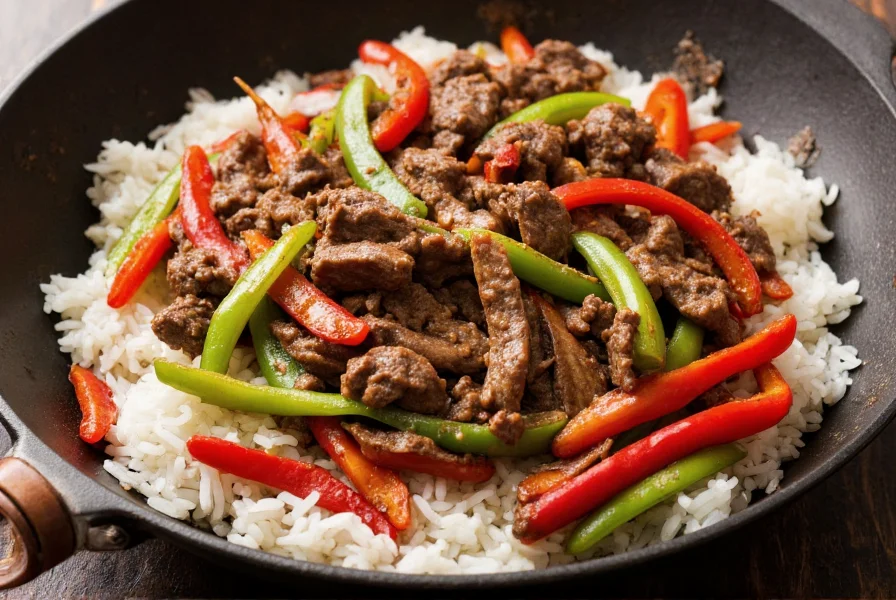 Perfectly cooked beef pepper steak and rice with colorful bell peppers, tender beef strips, and fluffy white rice in a traditional Chinese wok