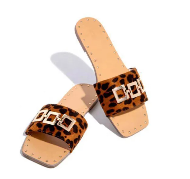 

Female Sandals Flat Beach Open Toe Square Buckle Slippers Leopard Sandals For Women