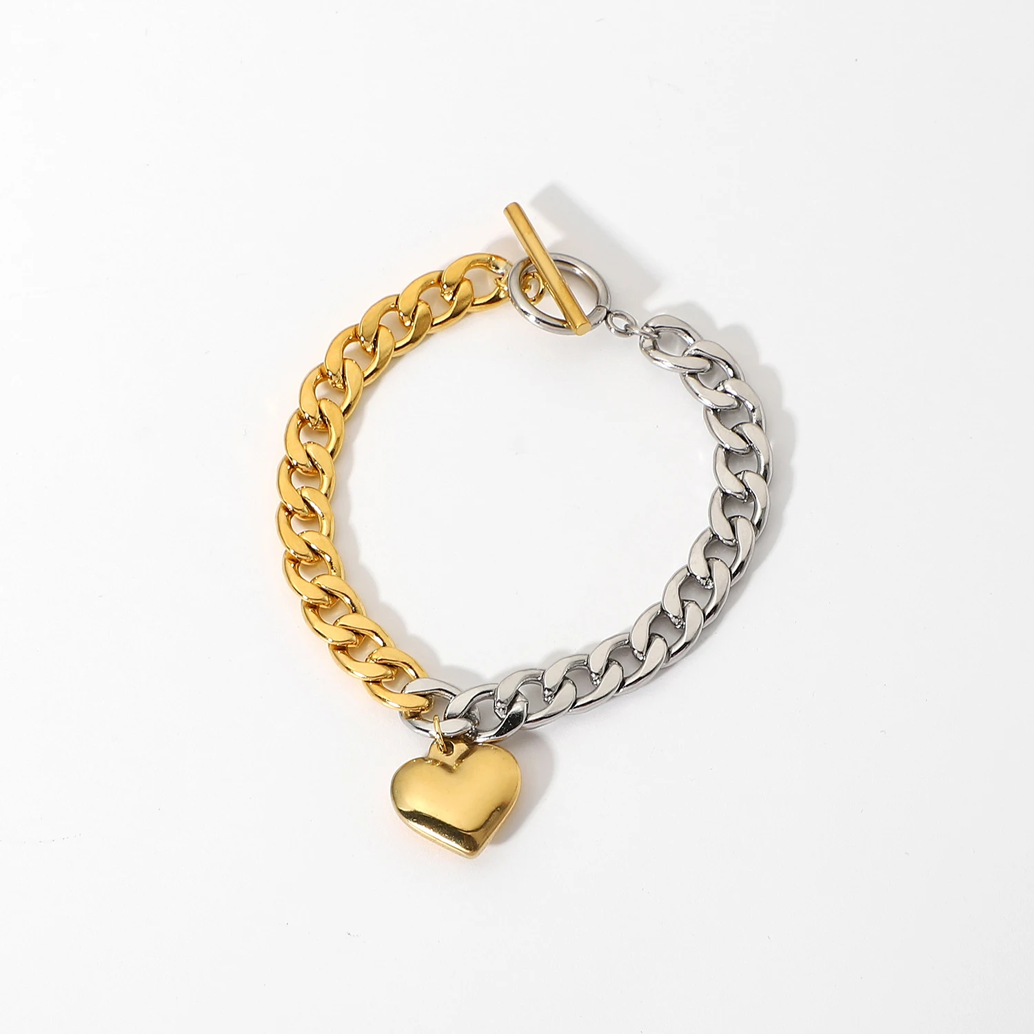 

Instagram New trendy Half 18K Real Gold Plated Stainless Steel Chain Half Steel Cuban Flat Chain Stitching Heart Bracelet