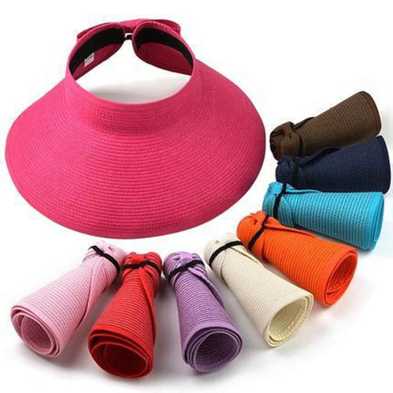 

Amazon Hot Fashion Wide Brim Straw Hats Women Uv Protection Straw Beach Hats Foldable Roll Up Bow Sun Visors Hat