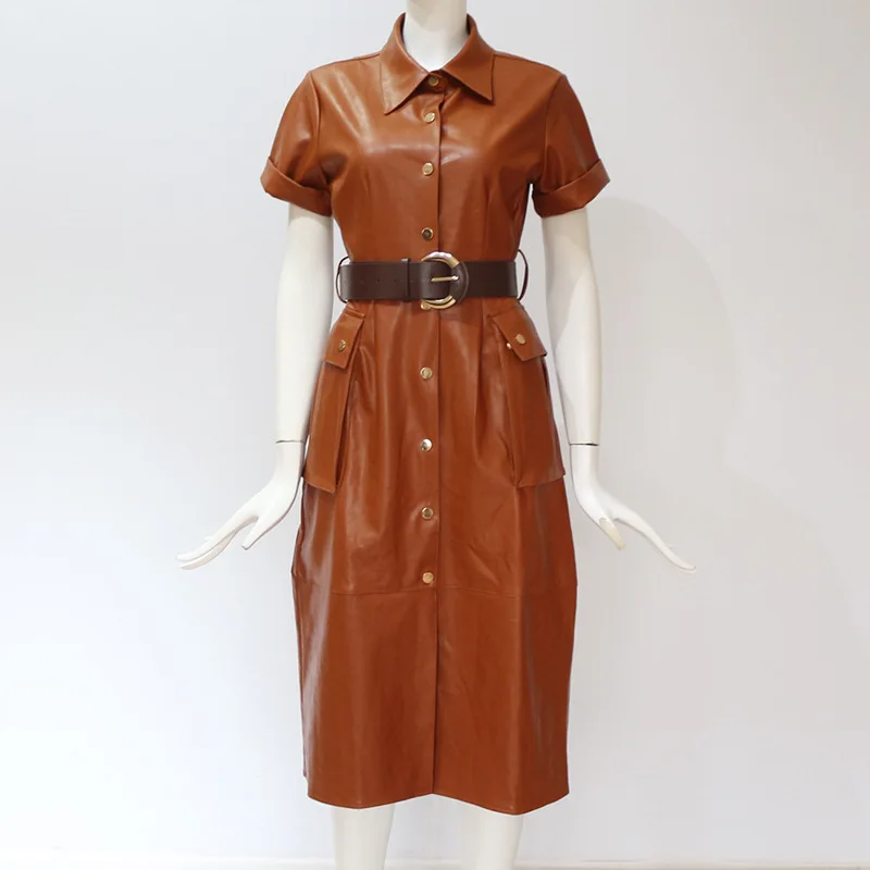 

2020 New Arrival spring summer short sleeve turn down collar solid fashion design women ladies casual pu dresses