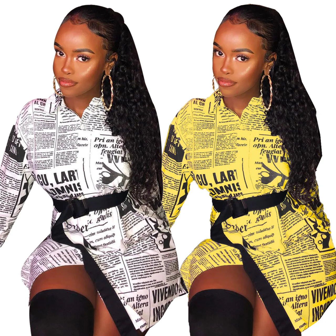 

SAAL017 hot selling newspaper print long sleeves shirt casual women's long blouse, White, yellow