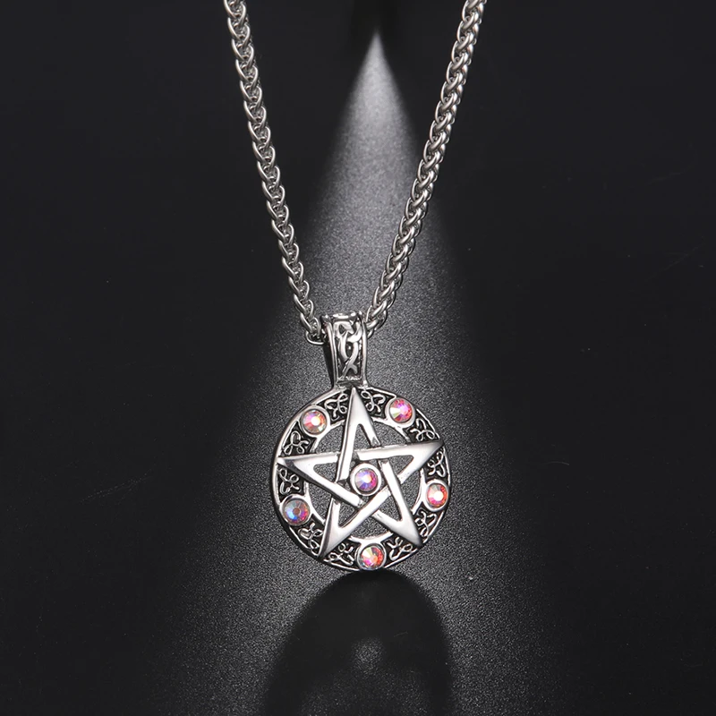 

Viking Stainless Steel Men Necklaces Jewelry Hollow Supernatural Pentagrams Zircon Cut Out Pendant Necklace, Steel color(accepted customized)