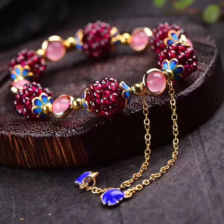 

Fashion hot sale women Natural Garnet Flower ball bracelet tassel Weave Crystal flower ball Bracelets, 4 colors