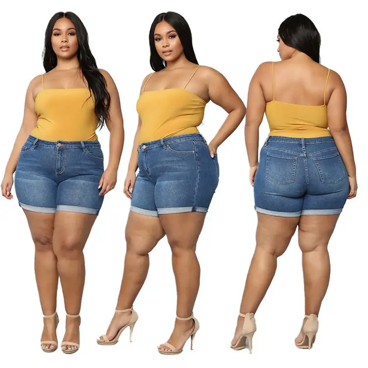 

0420M225 Hot selling Summer Women Female Bottoms mid waist solid fat Ladies big size Trousers Denim Shorts plus size Jeans Pants