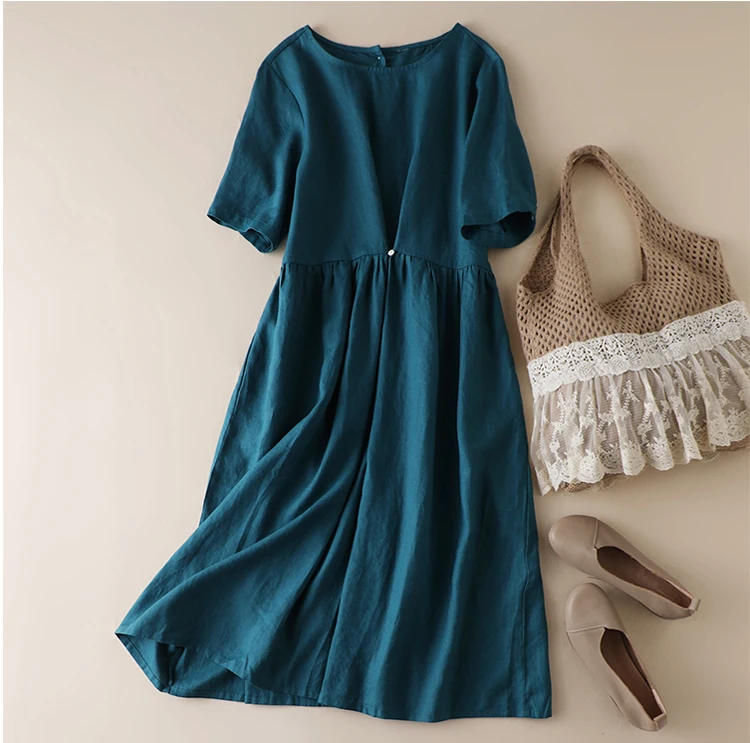 

Ladies fashionable elegamt office solid color linen luxury wrap organic cotton linen dress