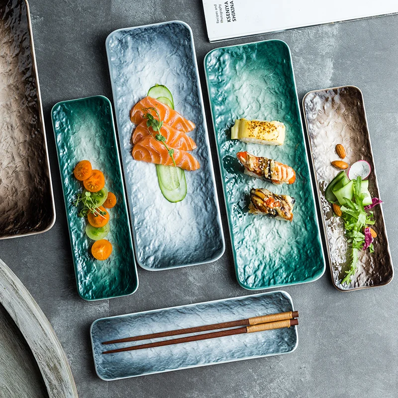 

multicolor optional factory wholesale ceramic sushi plate dessert plate for daily use, Grey bule/grass green/browm
