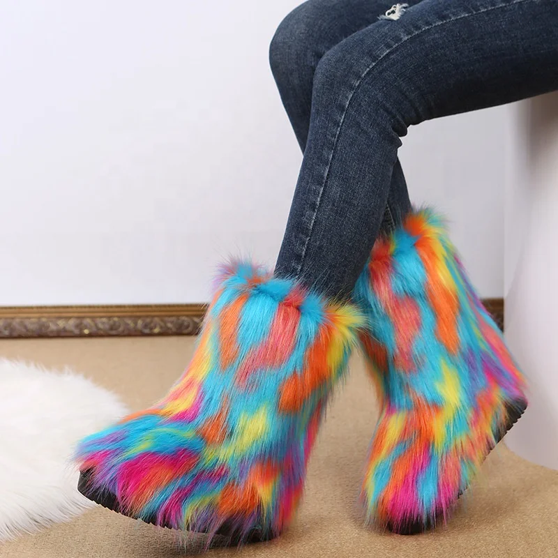 

New Female Fashion Faux Fur Winter Shoes Ankle Boots Women Platform Botas Mujer Furry Boot Warm Flat Snowboots for Women, Black pink blue brown