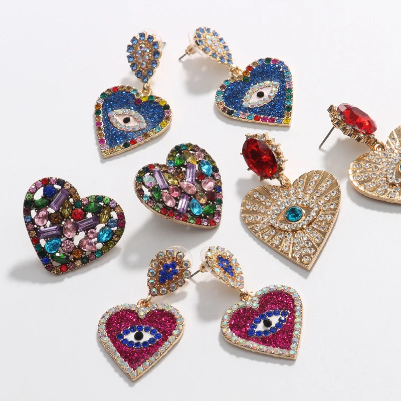 

Exaggerated Heart Crystal Earrings Retro Fashion Personality Creative Eyes Earrings, As picture