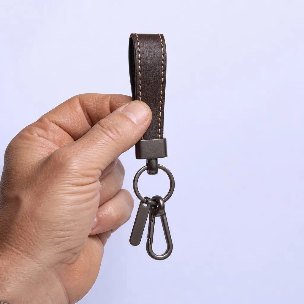 Hand holding the leather keychain upright