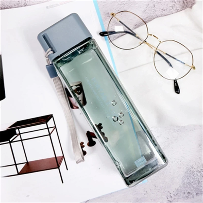 

2021 BPA free portable 500ml square water bottle, clear plastic square water bottle, Green blue purple as photo,can be customized