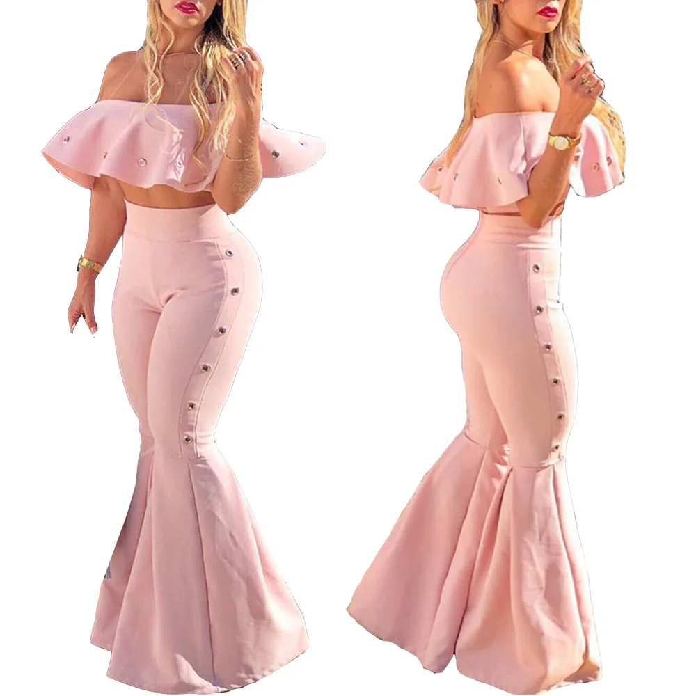 

2021 Woman 2 Piece Set Clothing Jumpsuits And Rompers Bell Bottom Flare Pants Sets