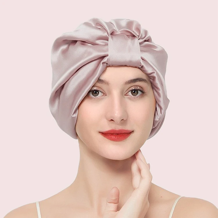 

RTS wholesale price double layer cube style silk hair turban custom bonnets silk logo 100% mulberry silk bonnet