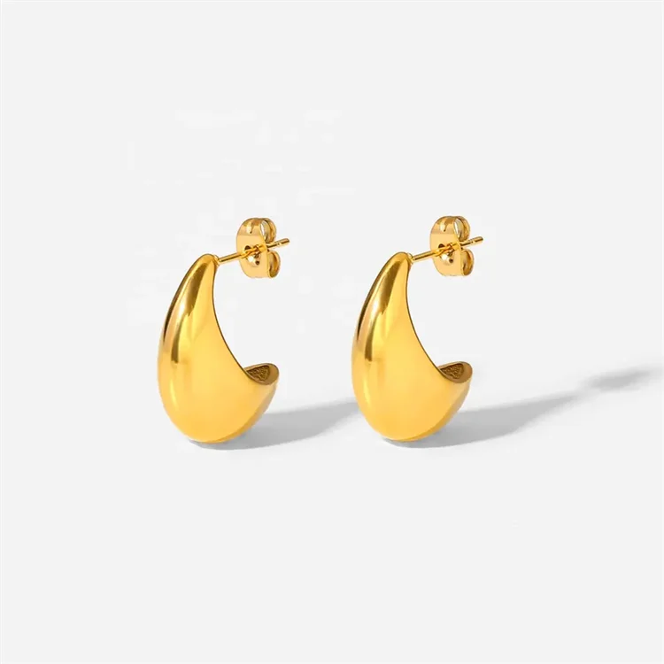 

Wholesale Fashion Vintage Stainless Steel Luxury Women 18 Gold Plated Half Round Hollow C Shaped Earrings