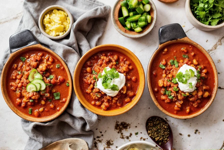 Drei verschiedene Chili-Sorten im Slow Cooker mit Toppings