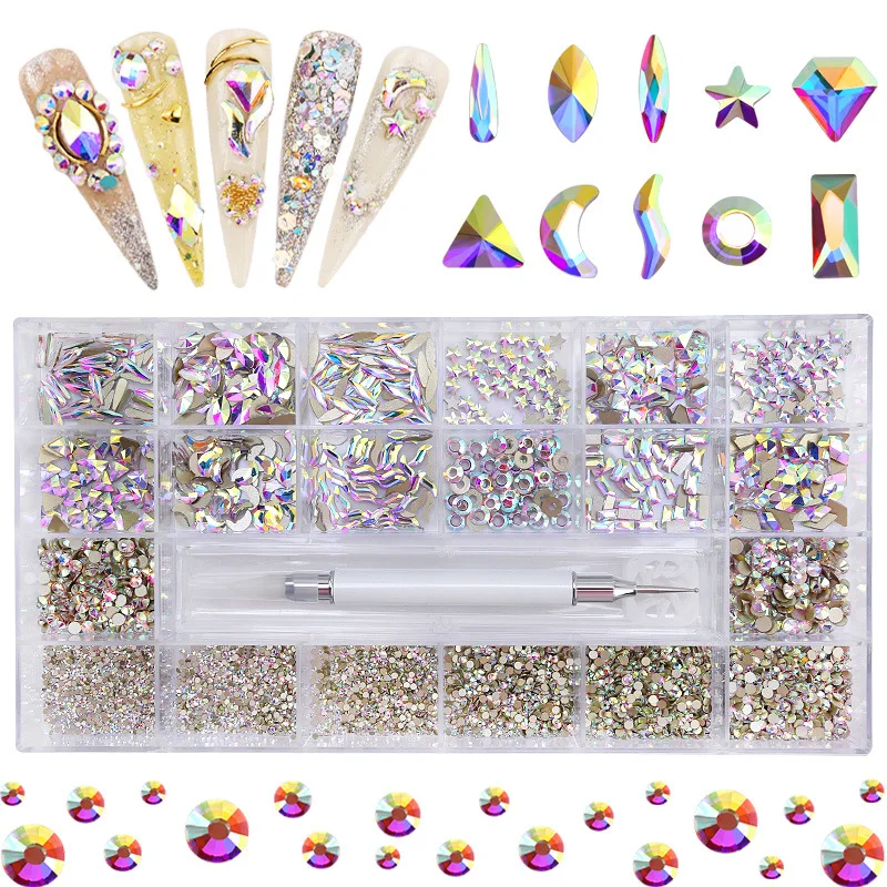

1 Box Mixed AB Glass Crystal Diamond In Grids 21 Shape And SS4-SS20 Flatback Nail Art Rhinestone Set With 1 Pick Up Pen Tweezers