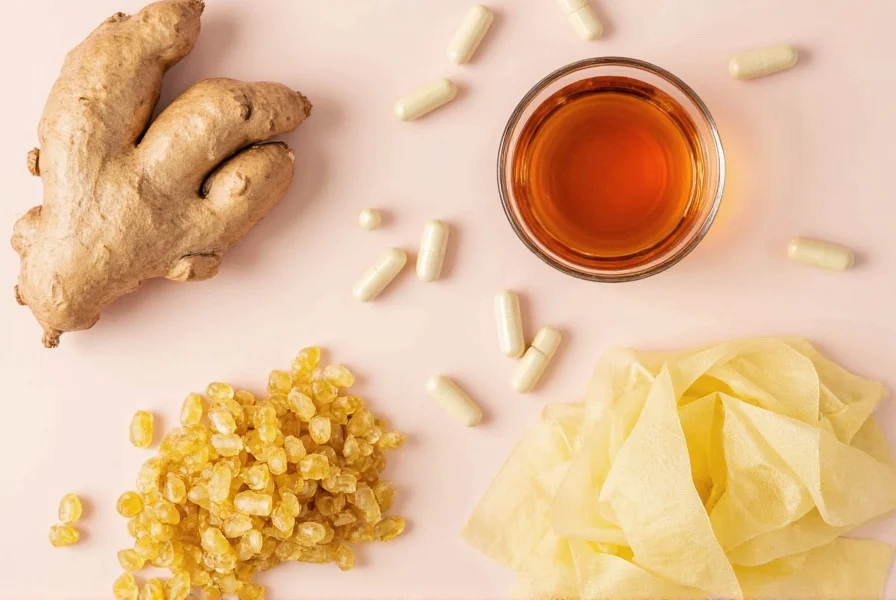 Different forms of ginger products including fresh root, capsules, tea bags, and crystallized ginger for nausea relief