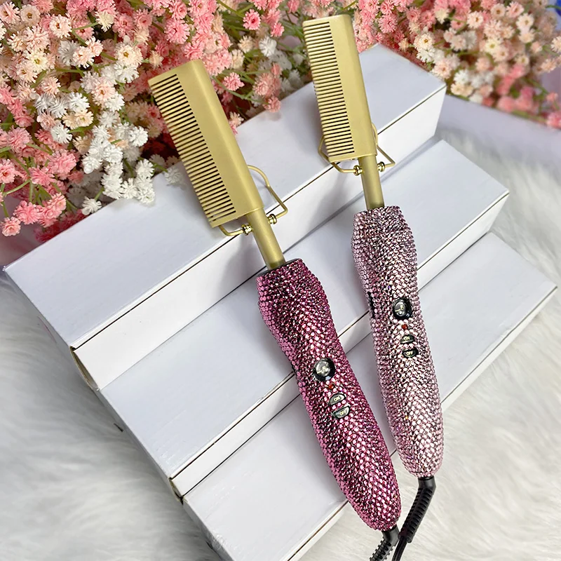 

High heat custom hot comb 450 degrees bling purple hot comb straightener wholesale, Gold,pink,black,can design.bling diamond can design