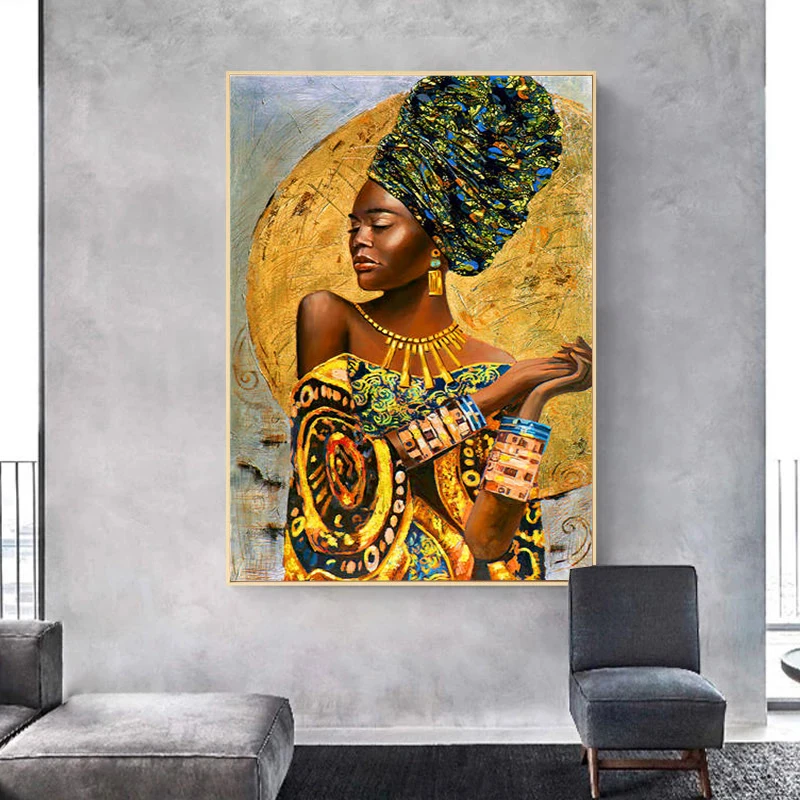 African Black Woman Figure Art Canvas Paintings Posters and Golden Luxury Prints Wall Art Pictures for Living Room Home Decor