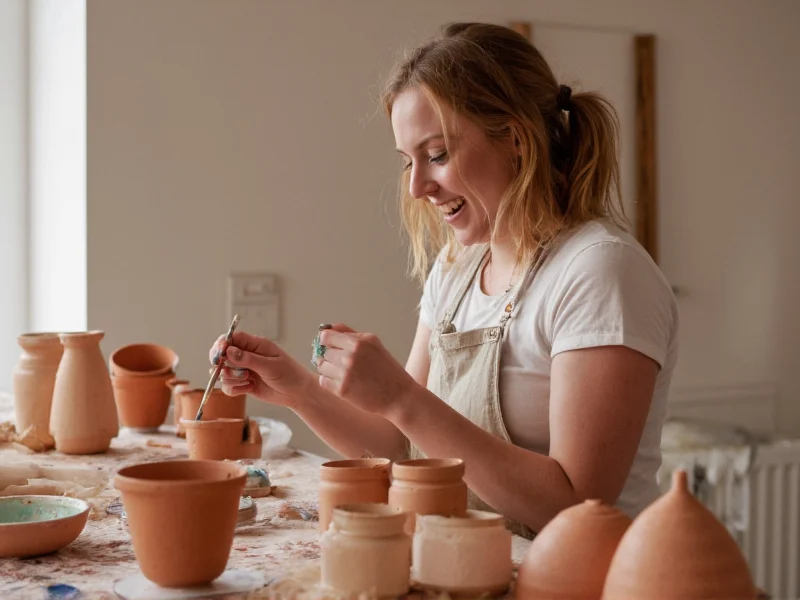 Woman smiling while painting terracotta pots