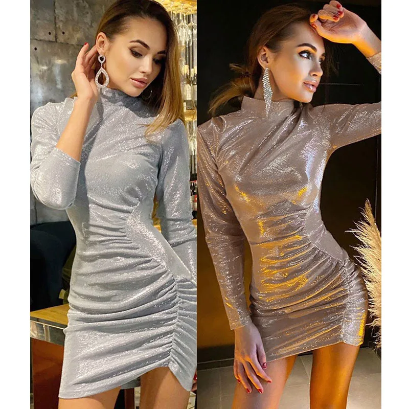 

Free Shipping Wholesale Bulk Women's Clothing Winter turtle Neck Fashion shinny Long Sleeve Dress Women Bodycon Dress